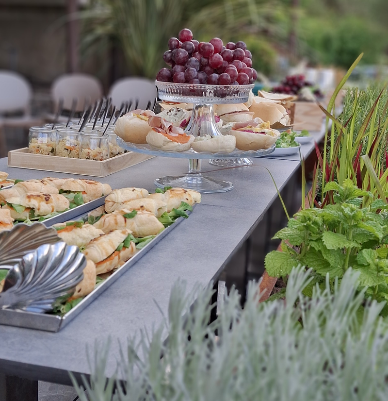 Buffet all'aperto con panini, sfogliatine farcite su vassoi d'acciaio, bicchierini con cucchiaini e alzatina di uva rossa